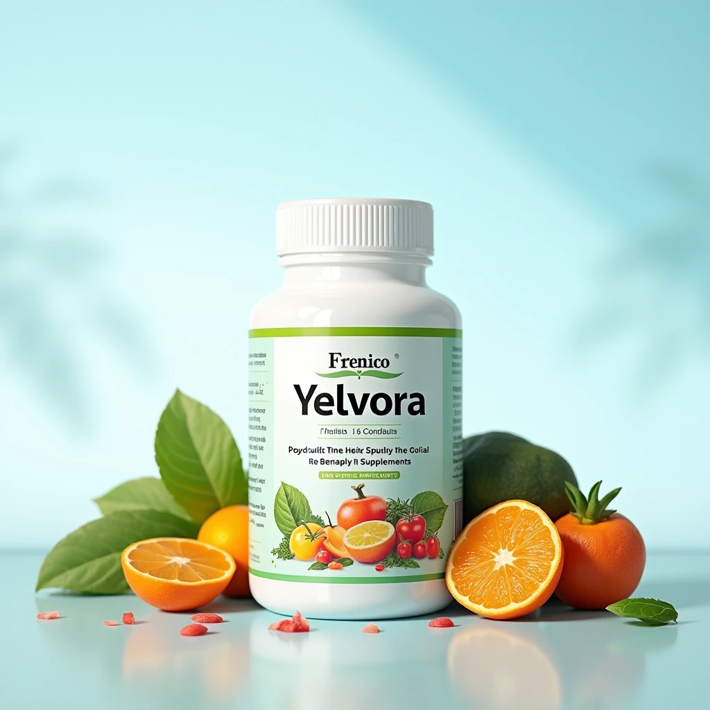 Diagram-style illustration of Yelvora packaging beside information panels